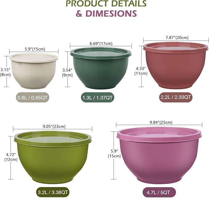 Plastic Mixing Bowls with Lids Set for Kitchen, Nesting Bowls for Mixing, Baking, Prepping, Cooking and Serving Food, Mixing Bowls Dishwasher, Microwave Safe (Purple)
