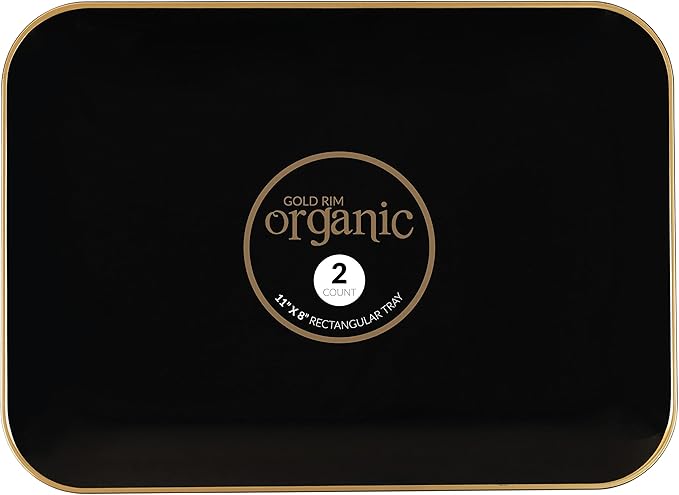 Plasticpro Plastic Serving Trays - Rectangle Black Serving Platters with Gold Rim 8''X11'' Disposable Party DishPack of 4