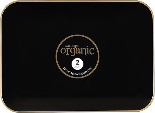 Plasticpro Plastic Serving Trays - Rectangle Black Serving Platters with Gold Rim 8''X11'' Disposable Party DishPack of 4