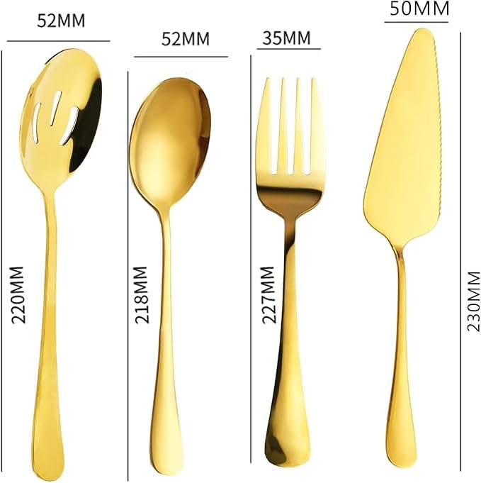 Golden Flatware 7 Piece Stainless Steel Set Includes Serving Spoons, Slotted Serving Spoon, Serving Tongs, Serving Fork, Salad Fork, Soup Ladle, Pie Server