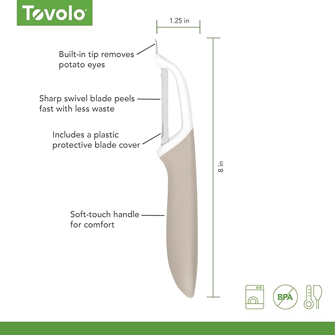 Tovolo Vegetable Peeler with Ultra Sharp Stainless Steel Swivel Blade Non Slip Handle, Multi Functional Dishwasher Safe Kitchen Wide Ribbon Potato Peeler for Fruit Veggies Carrots Apples, Oatmeal
