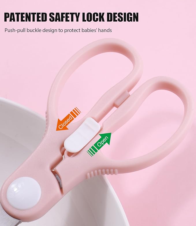 Baby Food Scissors Kicthen Shears -2-Pack Portable Healthy Cute Kids Scissors with Safety Lock and Storage Case - Ideal for Cutting Meat Chicken Vegetables and Fruits