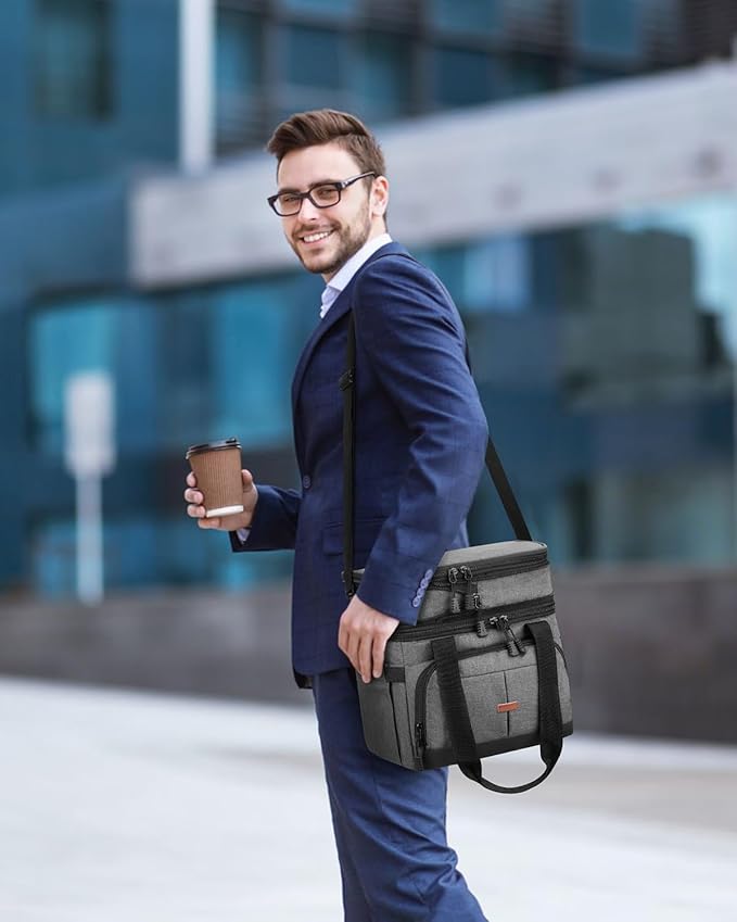 Lunch Box For Men Women Double Deck Insulated Lunch Bag For Men Woman Leakproof Expandable Cooler Bag with Adjustable Shoulder Strap for Work Picnic School(Gray‌,Medium)