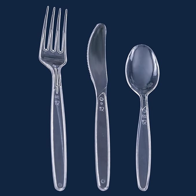PARTY BARGAINS Disposable Cutlery Set 720-Piece – Sapphire Settings Clear Plastic Forks Spoons Knives – Heavy-Duty Utensils for Parties Catering Weddings & Events – BPA Free