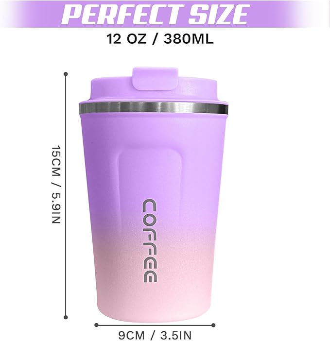 Travel Coffee Mug Leak-Proof, Reusable Coffee Cups with Lid, Stainless Steel Vacuum Insulated Coffee Tumblers, Thermal Insulation Cup for Men and Women Hot & Cold Drinks(2nd-Purple Pink, 12OZ)