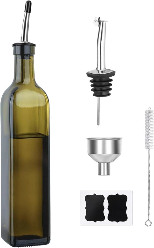Olive Oil Dispenser Bottle, 1 Pcs Green Glass Oil and Vinegar Dispenser Set with 2 Stainless Steel Pourers, 2 Labels,1 Brush and 1 Funnel Oil Bottles for Kitchen（17oz/500ml）