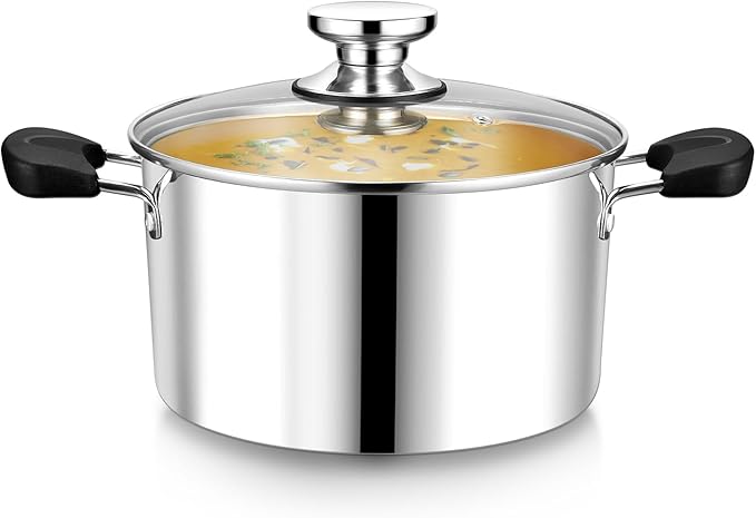 4 Quart 3-Ply Cooking Stock Pot with Lid, P&P CHEF Stainless Steel Large Pot for Pasta Soup, Work on Multi Stove, Heavy Duty & Dishwasher Safe, Dual Heat-resistant Handles & Transparent Glass Lid