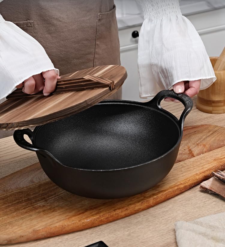 Cast Iron Wok with Dual Handle, Pre-Seasoned Stir-Fry Pans (9 inch)