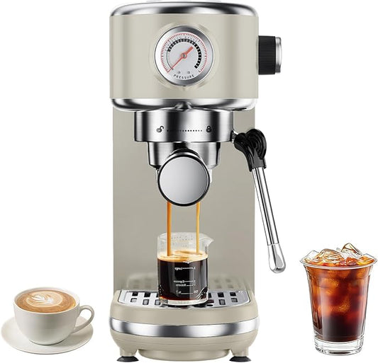 20 Bar Espresso Machine with Milk Frother, Compact Espresso Maker, Stainless Steel Coffee Machine with Precise Temp Control & 44oz Removable Water Tank for Latte, Cappuccino, Light Grey