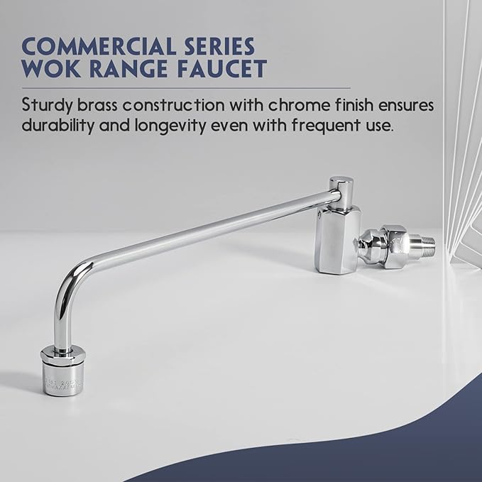 Swing Spout Brass Wok Range Faucet, 3/8" NPT Male Inlet, Commercial Grade Wall Mounted Kitchen Sink Faucet with 12" Swivel Spout