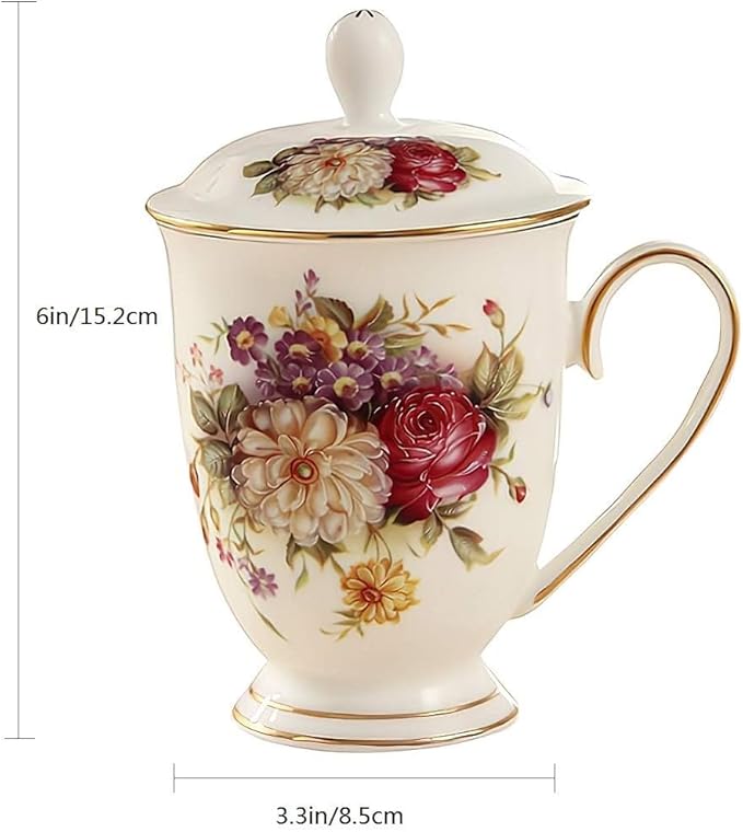 Ceramic Mug,Fine Bone China Tea Cup, Tea Mugs for Women, Tea Cup with Lid, Suitable for Making Tea, Cold Drinks, Hot Drinks, Coffee, Etc, 10 oz