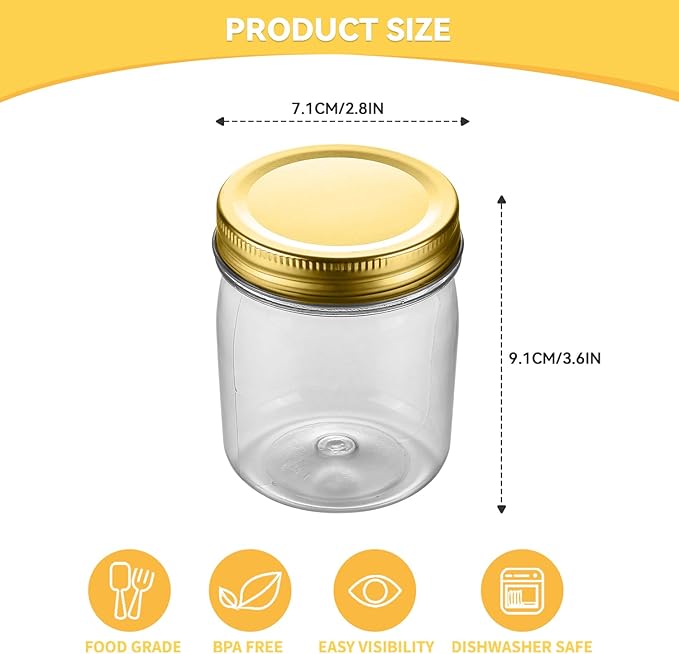 novelinks 8 oz Clear Plastic Jars with Airtight Lids, 16 Pack Plastic Mason Jars with Lids 8oz, Refillable Storage Slime Containers & Small Spice Jar for Kitchen Organization (16 Pack,Gold)