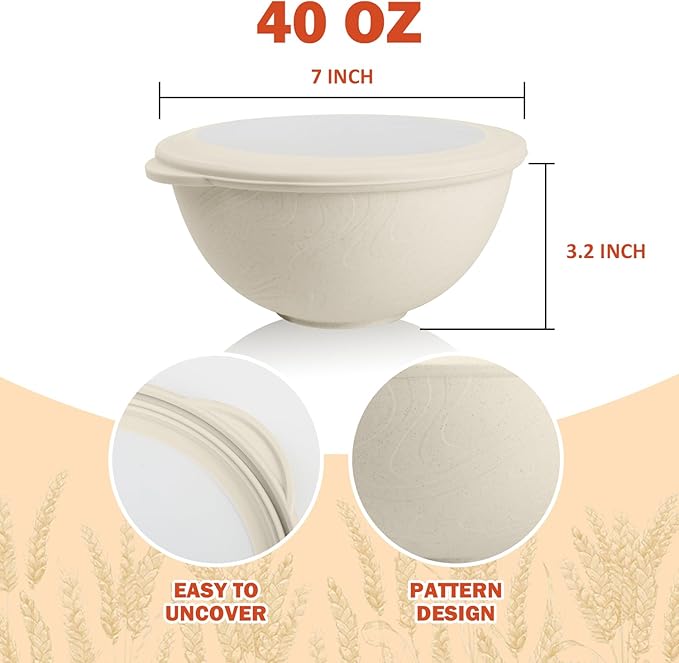 Wrova Wheat Straw Bowls with Lids Set of 4, Unbreakable Cereal Bowls 40oz, Microwavable Salad Container for Lunch Alternative to Plastic Bowl, Dishwasher Safe Bowl for Kitchen & Outdoor-Beige