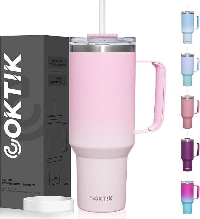 COKTIK 40 oz Tumbler With Handle and Straw, Insulated Tumbler With Leakproof Lids, Stainless Steel|BPA-Free, Cold for 24 H (Sakura)