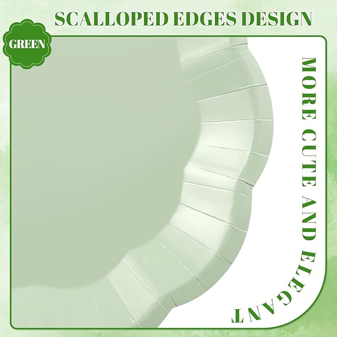 30 Pcs Sage Green Paper Plates, 7 Inch Scalloped Easter Plates Small Dessert Cake Plate Cute Party Plate Disposable Sage Greens Party Supplies for Wedding, Baby Bridal Shower, Birthday