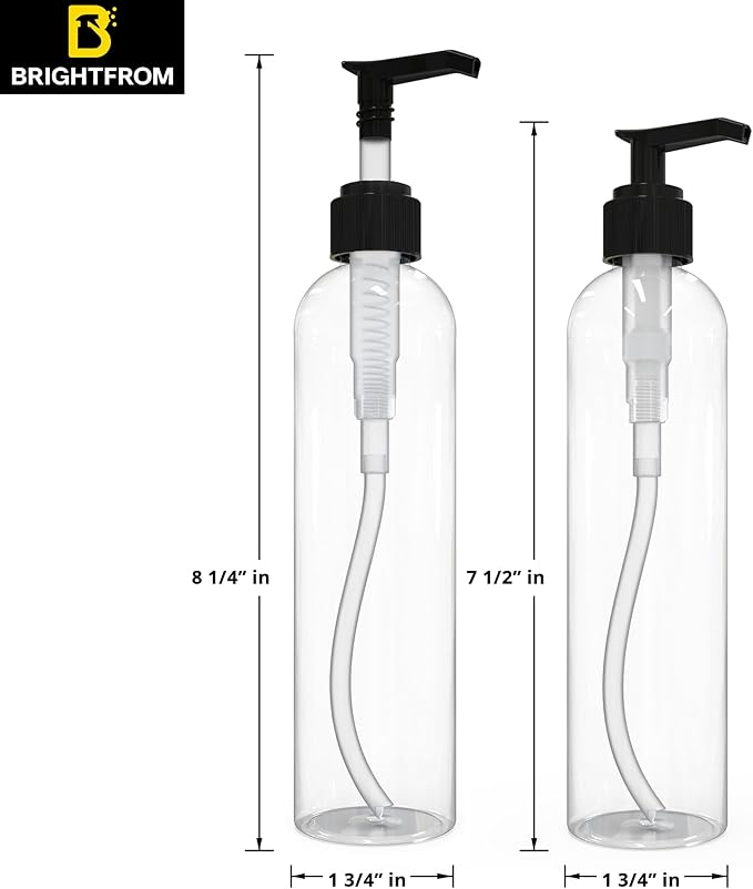 BRIGHTFROM Lotion Pump Bottles, Empty 8 OZ, BPA-Free Refillable Plastic Containers, Clear with Black Dispenser for - Soap, Shampoo, Lotions, Liquid Body Soap, Creams and Massage Oil (2 Pack)