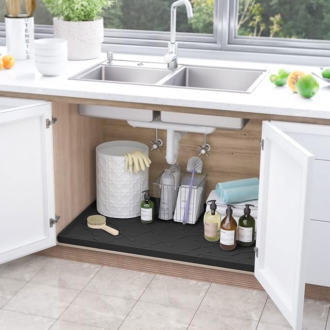 SIKADEER Silicone Under Sink Mats for Kitchen Waterproof 34" x 22", Raised Edge Cabinet Protector Shelf Liner, Pet Feeding Mat Boot Tray Home Organizers and Storage Kitchen Essentials