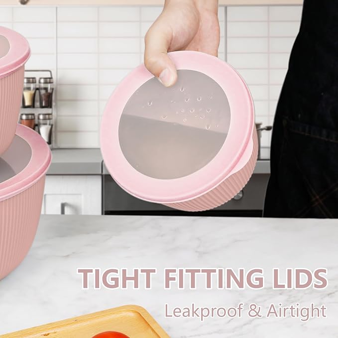 BoxedHome Mixing Bowls with Lids Set, 4 Packs BPA-Free Plastic Prep Bowls for Kitchen, Dishwasher & Microwave Safe, Pink