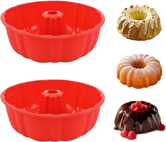 2 Pack Silicone Cake Pan Nonstick,10 Inch, Silicone Cake Molds,Pound Cake Pan, Baking for Jello,Gelatin,Cake,Brownie and Bread (Red+Red)