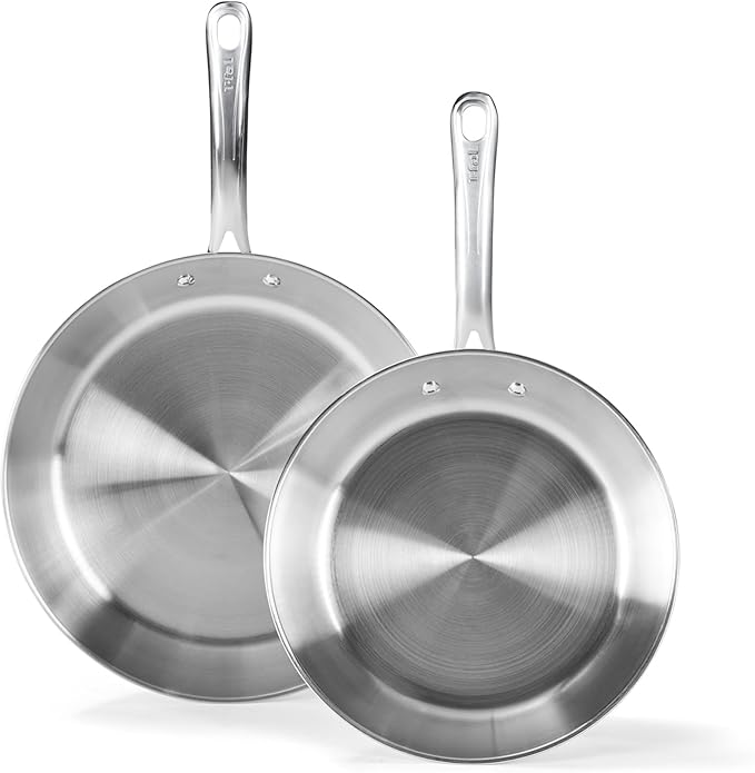 T-Fal Gourmet 11" & 12" Stainless Steel Pan Set, Induction Compatible, Dishwasher Safe, Oven Safe to 500°F, Skillet Set, Frying Pans, Silver