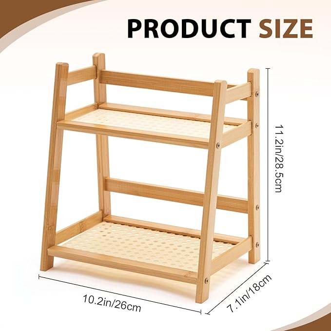 1 Pcs 2 Tier Matcha Station Shelf Bamboo Coffee Mug Stand Countertop Storage Rack, Double Layer Rattan Office Cup, Kitchen, Tea, Plant, Bar Accessories Condiment Display(Wood,10.2 Inch)