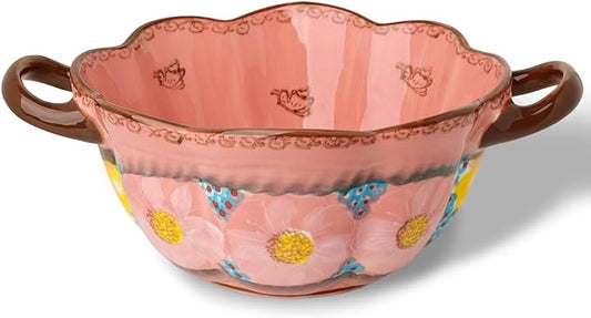 silesia Handmade Salad Bowls with Handles, 45 oz Hand-Painted Serving Bowl, Large Ceramic Crocks for Soup, Pasta, Stew, Microwave & Dishwasher Safe, Kitchen Decor Gift (Glazed Pink)