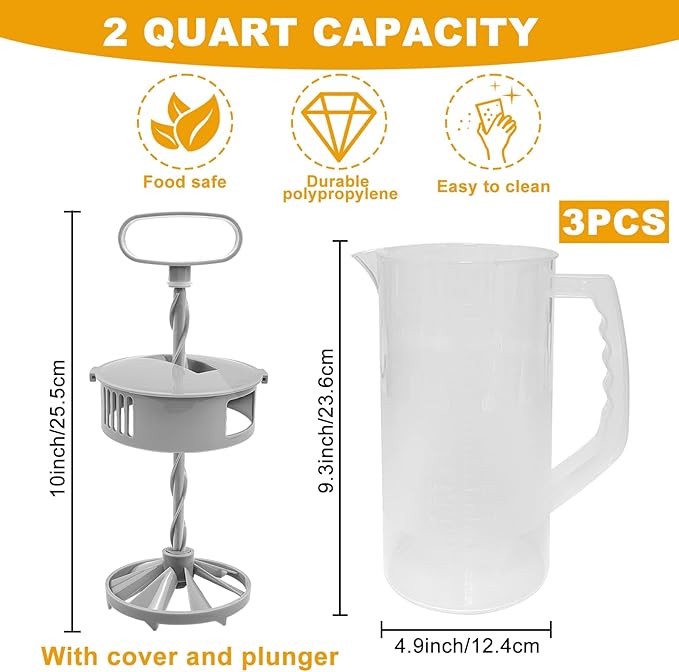 3 Pack Mixing Pitcher for Drinks 2 Quart/ 64oz Plastic Water Pitcher with Lid，Easy-Mix Juice Container，Angled Plastic Blades and Adjustable Mixer Plunger for Juice, Tea, Beverage Container