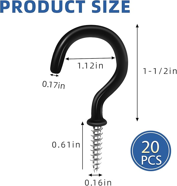 1-1/2" Black Vinyl Coated Screw-in Hooks, Ceiling Hooks Wall Hooks Hanging Hooks Kitchen Hooks Indoor Outdoor for Cups Decors Plants Utensils Lights Baskets Wreaths, 20 PCS