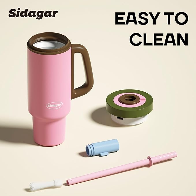 Tumbler with Handle,36 oz Ceramic Lined Travel Mug Water Bottle with Straw,Vacuum Insulated Stainless Steel Cup with Lid,Fits Cup Holder, Leak Resistant Press-in Lid,Pink