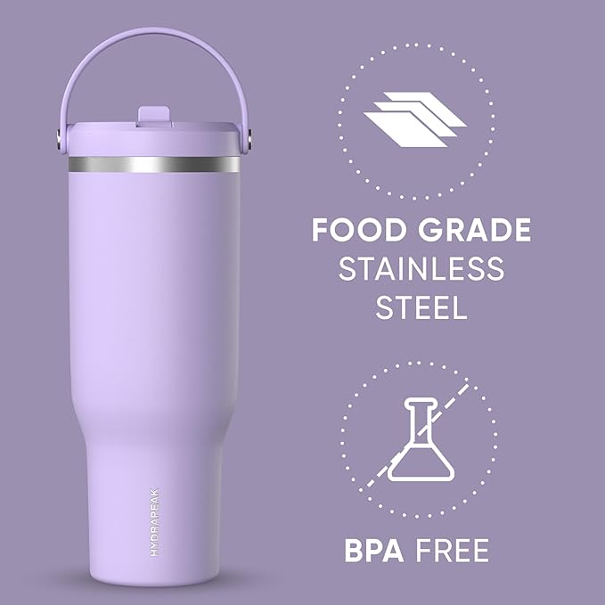 Hydrapeak Nomad 40 oz Tumbler with Handle and Straw Lid, Leakproof, Double Insulated, 40oz Cup Stainless Steel (Lavender)