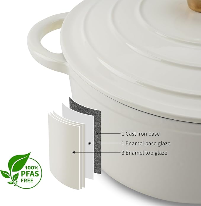 7QT Enameled Cast Iron Dutch Oven Pot with Lid,Heavy-Duty Cookware for Sourdough Bread Baking,Braising,Stews,Roasting,Oven Safe up to 500°F,cream