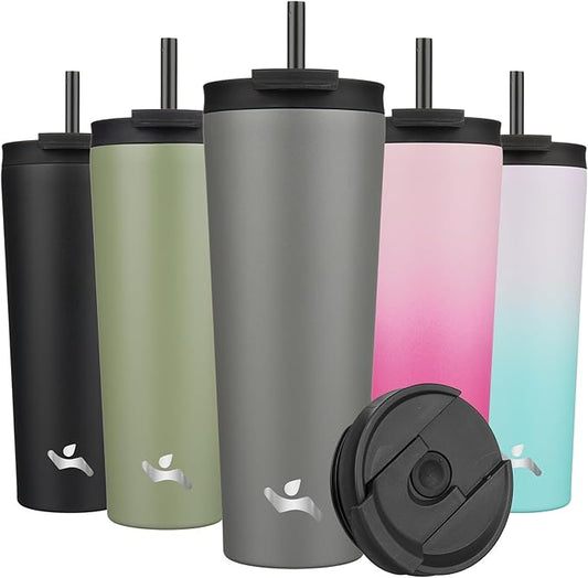 26 OZ Insulated Tumbler with Lid and 2 Straws Stainless Steel Water Bottle Vacuum Travel Mug Coffee Cup,Gray