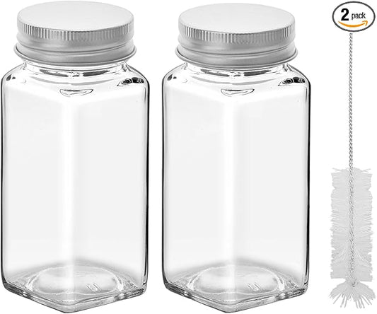 2Pcs 4oz Glass Spice Jars with Shaker Lids, Spice Jars Trial Set & Supplement Set, Empty Spice Containers and Square Spice Bottles for Kitchen (silver iron Lids)