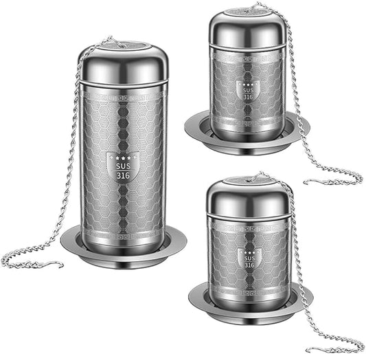 3 Pack 316 Stainless Steel Tea Infuser with Drip Tray, Extra Fine Mesh Tea Infusers for Loose Tea, Tea Strainer with Extended Chain Hook, Tea Steeper (3 Pack - Small + Medium + Large)