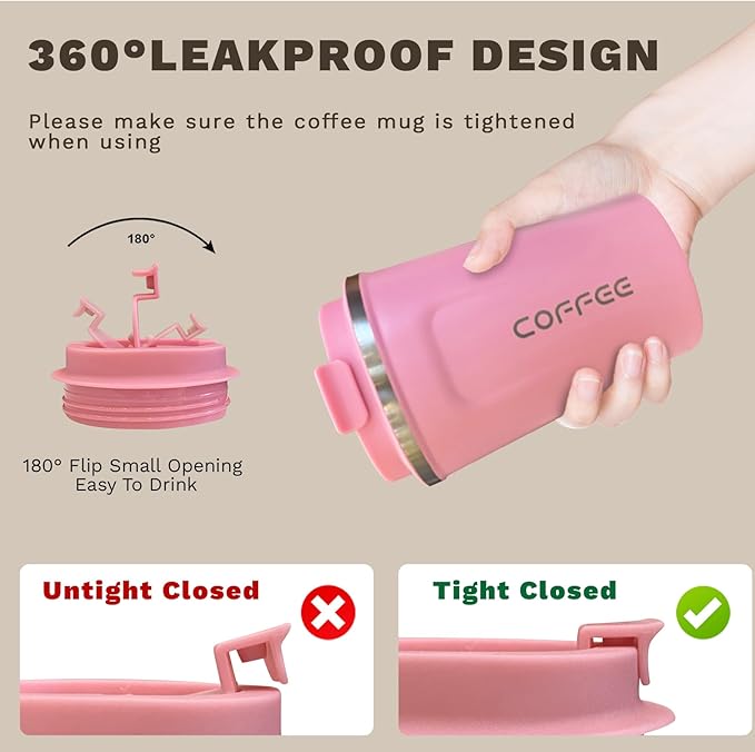 Travel coffee mugs leak-proof, reusable coffee cups with lids, stainless steel vacuum insulated coffee tumblers, thermal insulation cups for men & women keep drinks hot & cold(2nd-Pink, 12OZ)