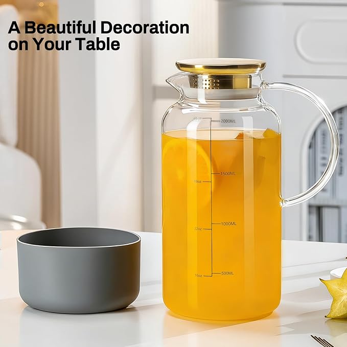 Glass Pitcher with Lid, 2 PACK 68 oz/2L Water Pitcher with Silicone Base and Precise Scale Line，Borosilicate Glass Water Carafe for Coffee, Lemonade, Iced SunTea,Beverage,Water Glass Jug