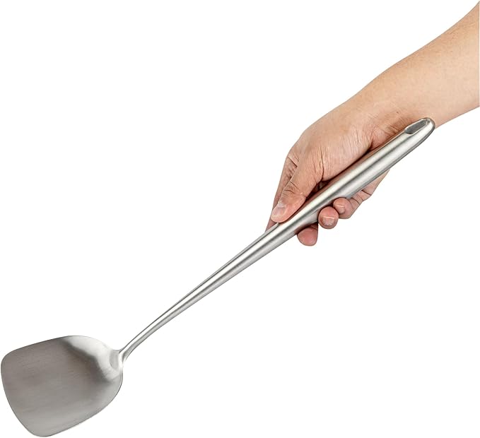 Motomori 17 Inch Wok Spatula, 1 Wide Cooking Turner - Hanging Hole, Extra Long Handle, 304 Stainless Steel Chinese Cooking Spatula, Dishwashable, For Stirring, Flipping, Frying - Restaurantware