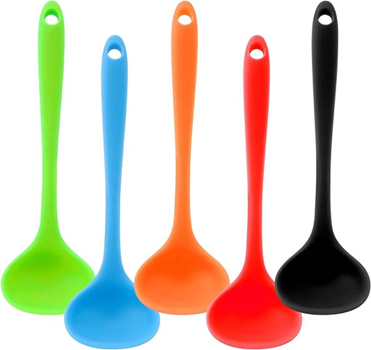 5 Pieces Silicone Ladles for Cooking - Small Soup Ladle Spoon Heat Resistant Kitchen Ladle Spoons, Cooking and Serving Spoon for Soup Sauce Chili Gravy Canning Pouring (5 Colors)