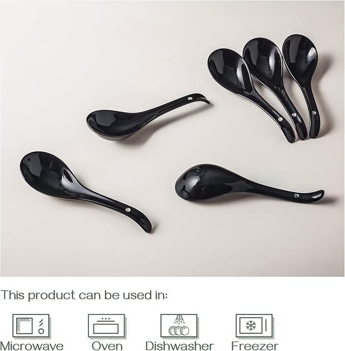 DOWAN Soup Spoons, Ceramic Chinese, Asian Soup Spoons, White Japanese Spoon Large for Ramen Pho Wonton Dumpling Miso, Deep Oval Hook Design, Set of 6 (6, Black)