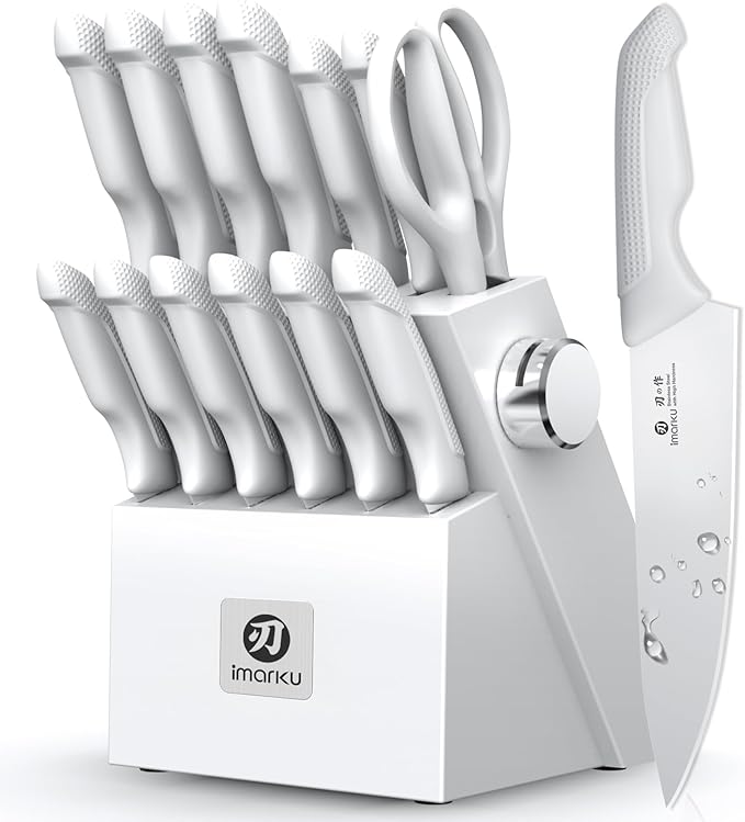 imarku Kitchen Knife Set, Japanese Knives Set for Kitchen, Stainless Steel Knife Set with Block, Kitchen Gadgets, White, Anti-Slip Handle, Dishwasher Safe, Gift for Women