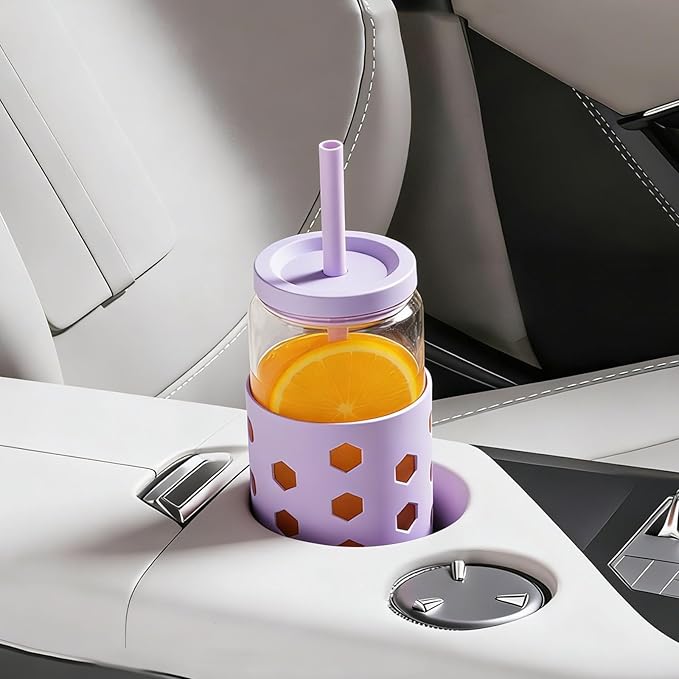 Glass Cups with Lids and Straws (4 Pack), 16oz Drinking Glasses Set with Silicone Sleeves for Coffee Bar Accessories Iced Coffee Cups with Lids, Glass Tumbler Reusable for Gifts