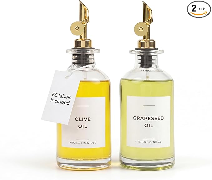 Oil Dispenser for Kitchen - Glass Olive Oil Bottle Set of 2 (11.8oz) with Gold Weighted Self-Closing Pourer - Cooking Oil Dispenser with 66 Labels, Aligner & Funnel