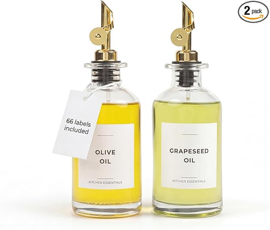 Oil Dispenser for Kitchen - Glass Olive Oil Bottle Set of 2 (11.8oz) with Gold Weighted Self-Closing Pourer - Cooking Oil Dispenser with 66 Labels, Aligner & Funnel