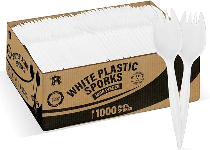 White Plastic Sporks Bulk 1000 Count - Medium Weight Bulk Sporks Disposable For Home, Parties And Caterings, Premium Disposable Sporks.
