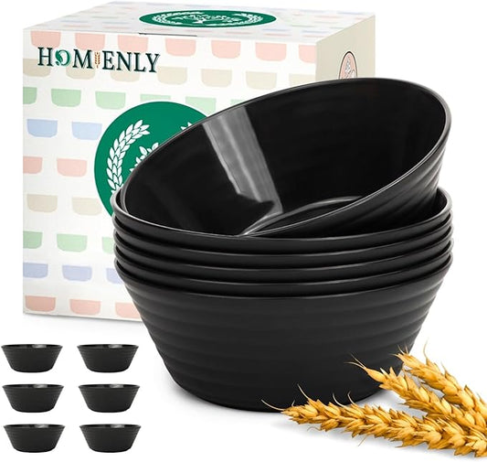 Homienly 6 PCS Large Bowl Set, Lightweight and Unbreakable Wheat Straw Bowls for Salad,Soup,Cereal, Microwave Safe 50 OZ Big Bowls Set, Stackable Kitchen Dining Essentials - Black