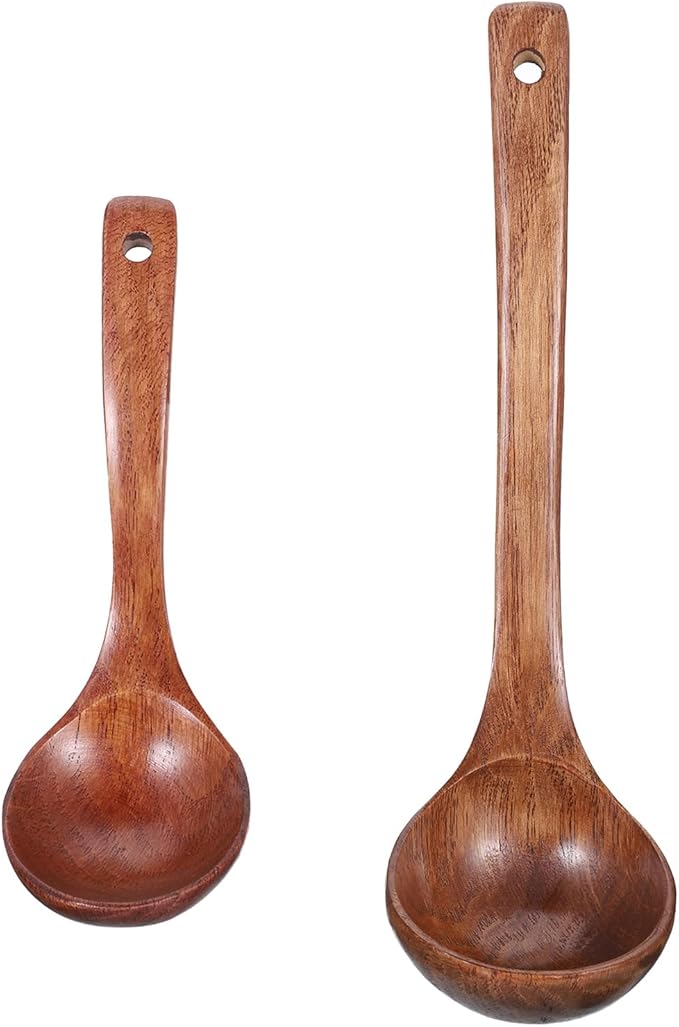 Wooden Ladle for Soup, Set of 2 Wooden Spoons for for Deep Pot, Non-Stick Wooden Spoons for Cooking & Serving, Natural Wood Sauces Porridge Soup Flatware with Long Straight Handle