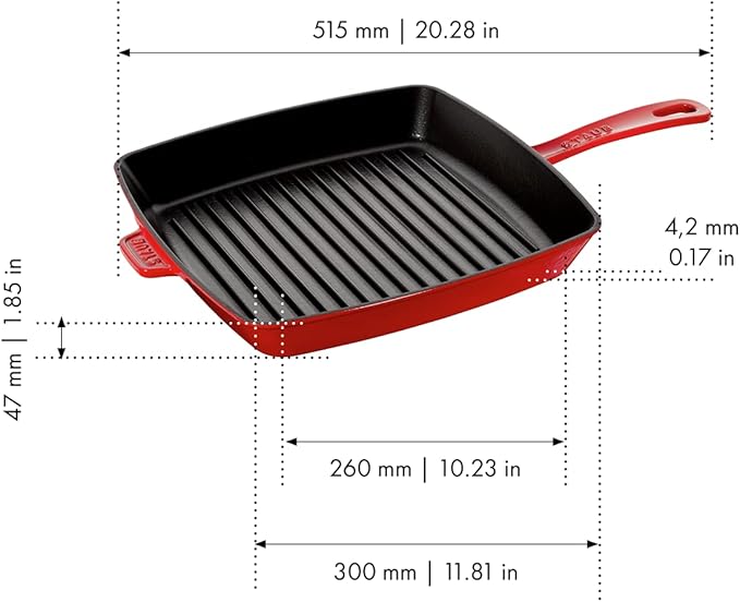 Staub Cast Iron 12-inch Square Grill Pan - Cherry, Made in France