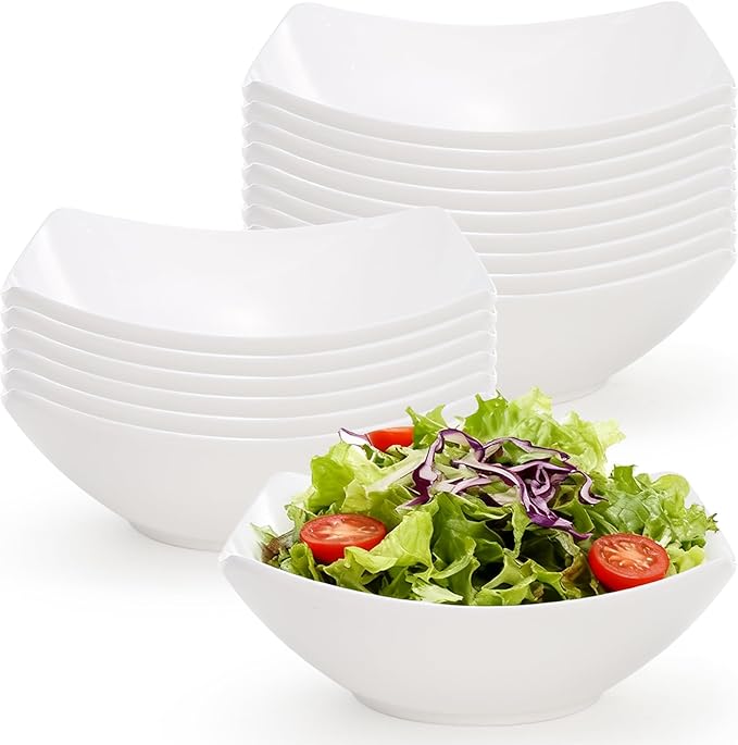 Hacaroa 16 Pack Plastic Serving Bowls, 24 Oz Small Salad Bowl Square White Candy Bowls Party Snack Bowl for Chips, Fruit, Popcorn, Dips, Entertaining, Catering, Thick Plastic