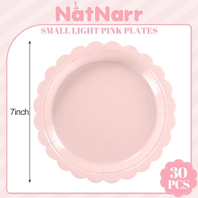 30 Pcs Pink Plates, 7 Inch Pink Dessert Cake Plates Scalloped Small Birthday Party Plate for Wedding, Bridal Baby Shower, Mothers Day