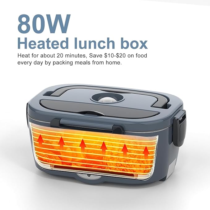 Electric Heated Lunch Box for Men/Women Home 80W Portable Food Warmer with 12V/24V/110V/220V Stainless Steel Leakproof Container for Work Travel Jobsite Camping Gift for Adults/Men/Woman